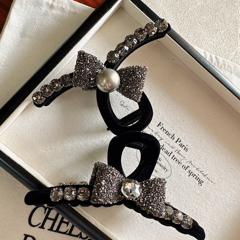 High-Grade Full Diamond Bow Hair Accessories Barrettes Women's Back Head Grip  Former Red Style Flocking Large Size Shark Clip