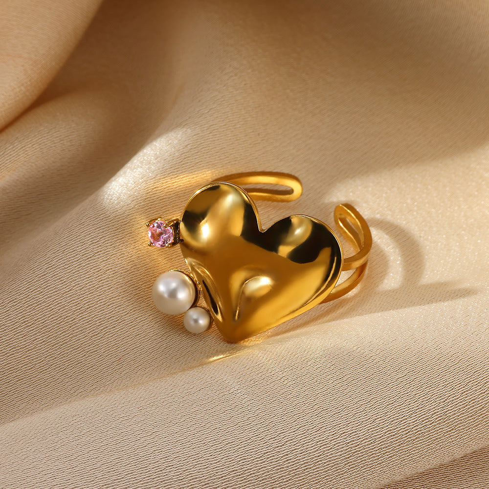 Jewelry IG Style Exaggerated Heart Shape Eye Solid Color 304 Stainless Steel Pearl Zircon Inlay Open Rings
