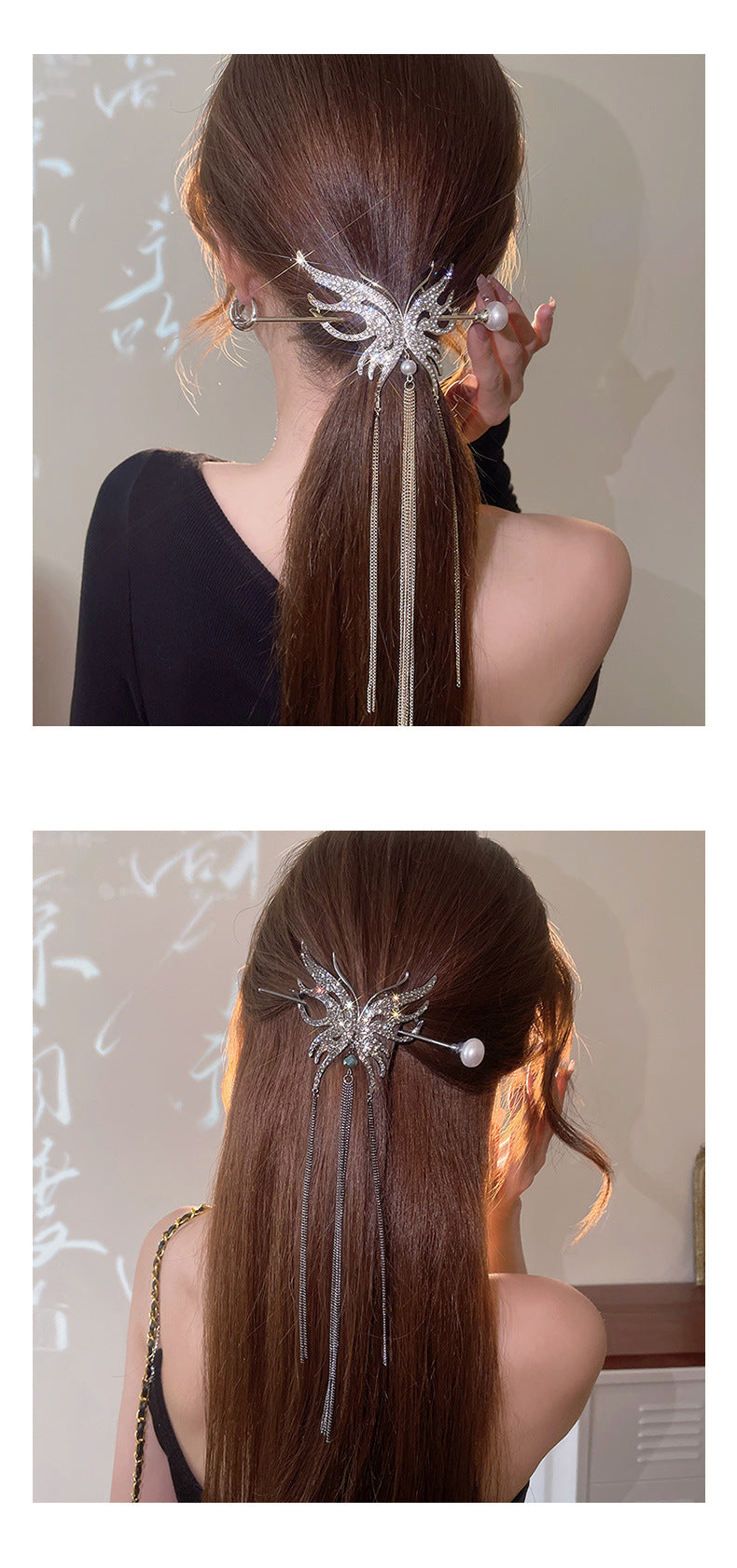 retro fashion romantic butterfly copper tassel butterfly inlaid pearls artificial pearls rhinestones hairpin