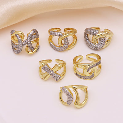 Jewelry IG Style Geometric Copper Zircon 18K Gold Plated Mixed Metal Inlay Open Rings