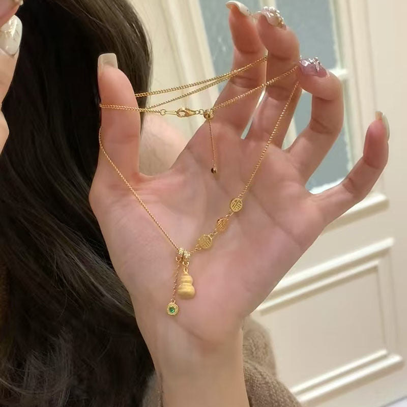 Gold-plated brushed craft lucky gourd necklace, women's yellow-gold Fulu tassel pendant, collarbone chain, gift for girlfriend