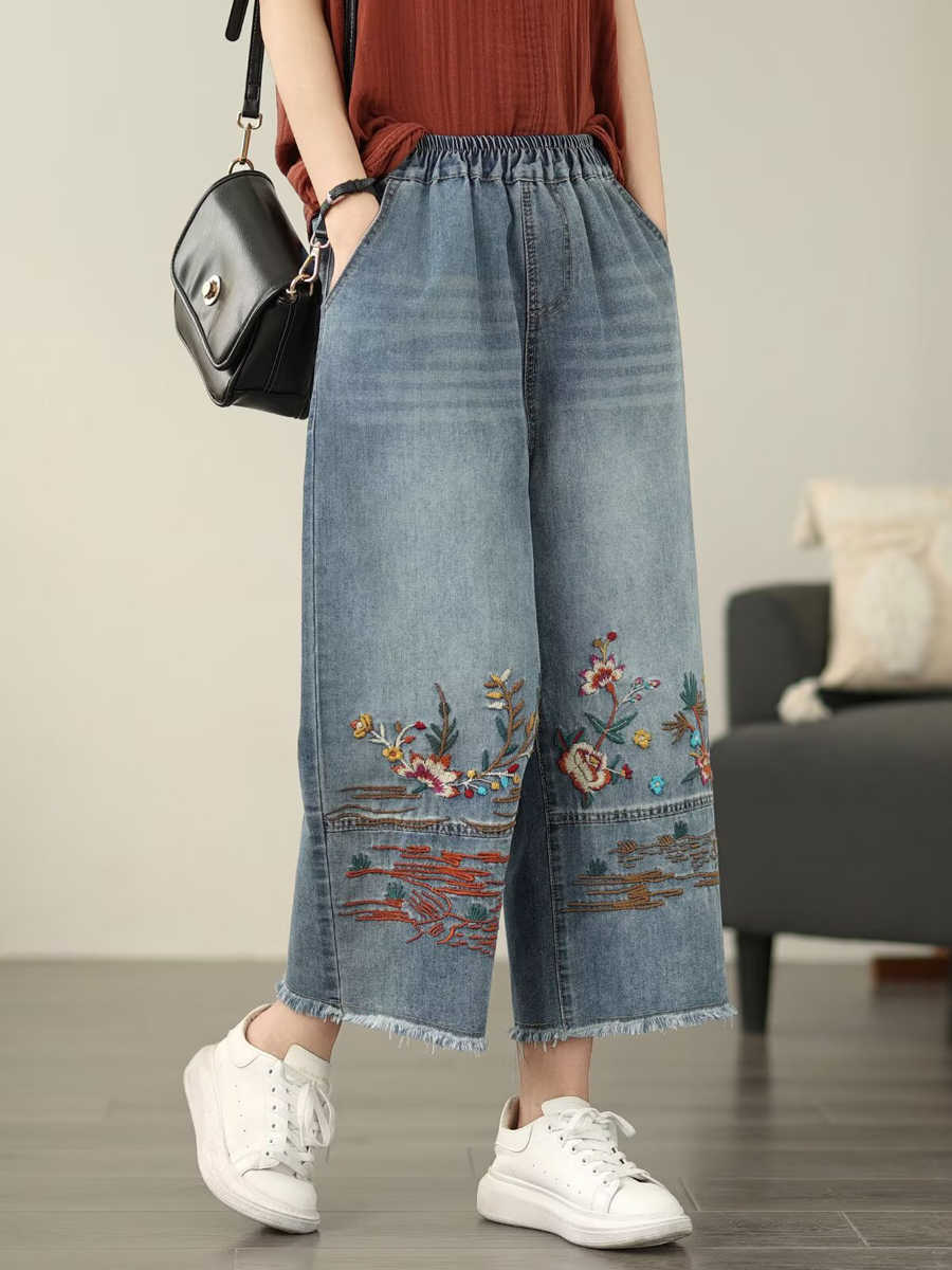 Women Casual Summer Flower Embroidery Denim Straight Pants