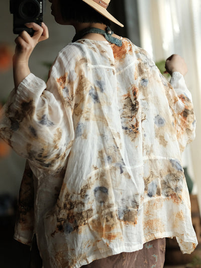 Women Summer Vintage Print O-Neck Thin Ramie Shirt