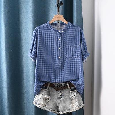 Women Summer Plaid Stand Collar 100%Cotton Shirt