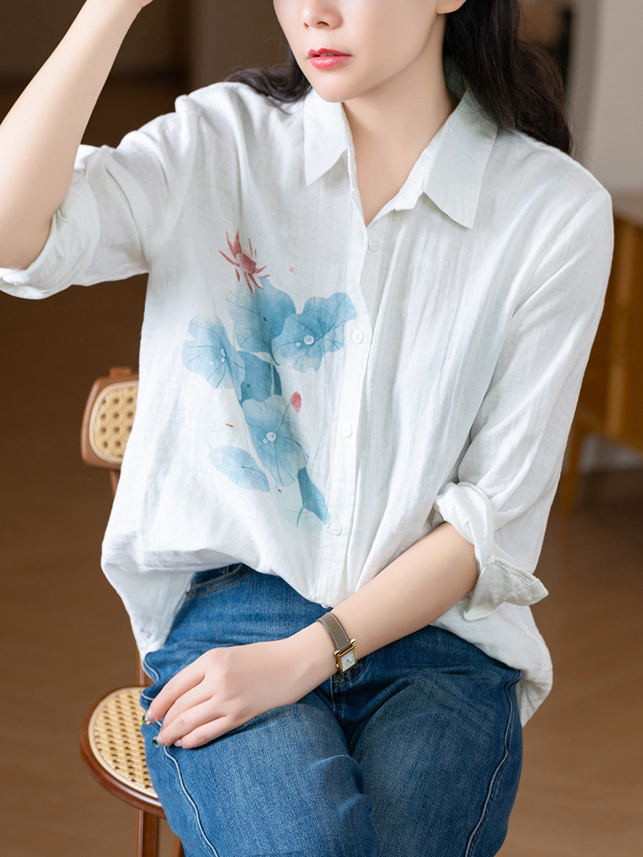 Women Autumn Artsy Flower 100%Cotton Turn-down Collar Shirt