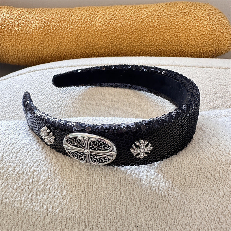 High-Grade French Headband  Internet Celebrity  Fengshui Diamond Letter H Hairpin Special-Interest Design Sequ Headband Hair Accessories