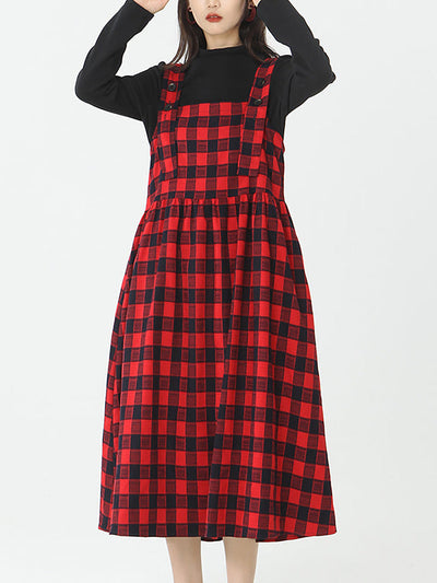 Plus Size - Cotton Women Top and Plaid Pinafore Dress