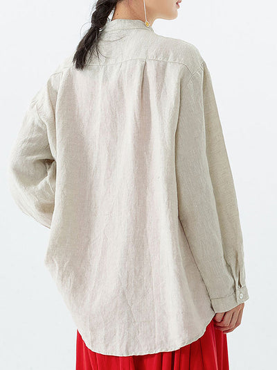 Plus Size - Women Retro Embroidered  Loose 100% Linen Shirt