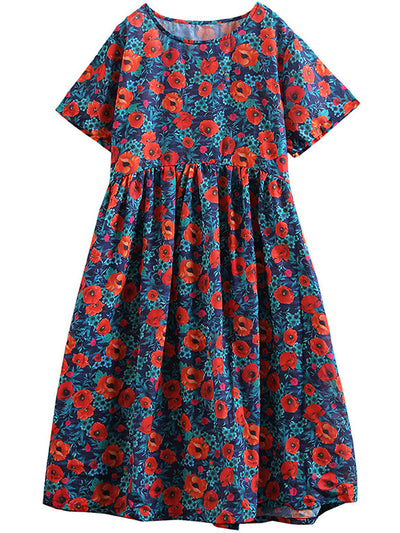 Plus Size - Floral Print Cotton Linen Loose A-Line Dress