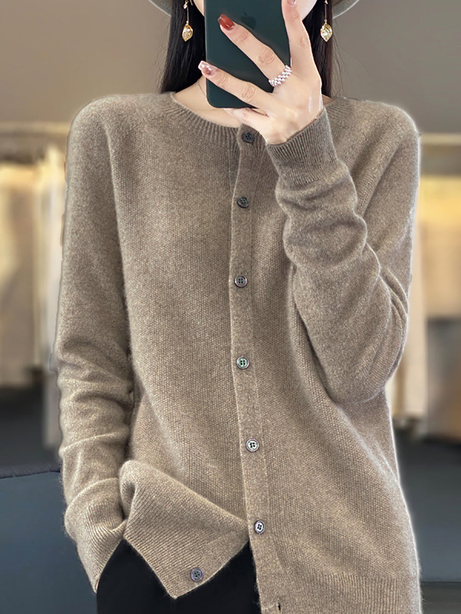 Women Autumn Wool O-Neck Cardigan Knit Sweater