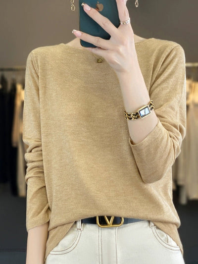 Women Autumn Casual Pure Color O-Neck Knit Sweater