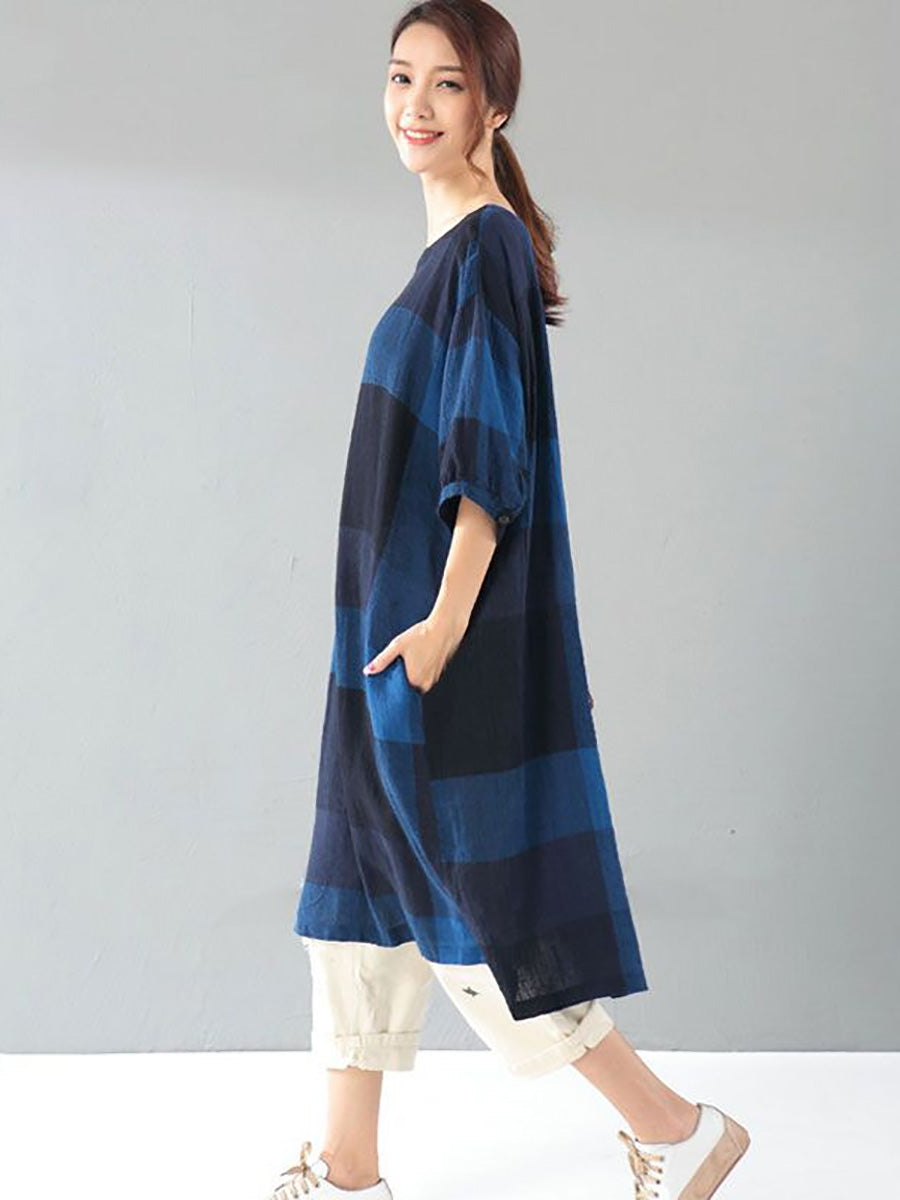 Plus Size Women Literature Lattice Loose Elbow Sleeve Dark Blue Dress