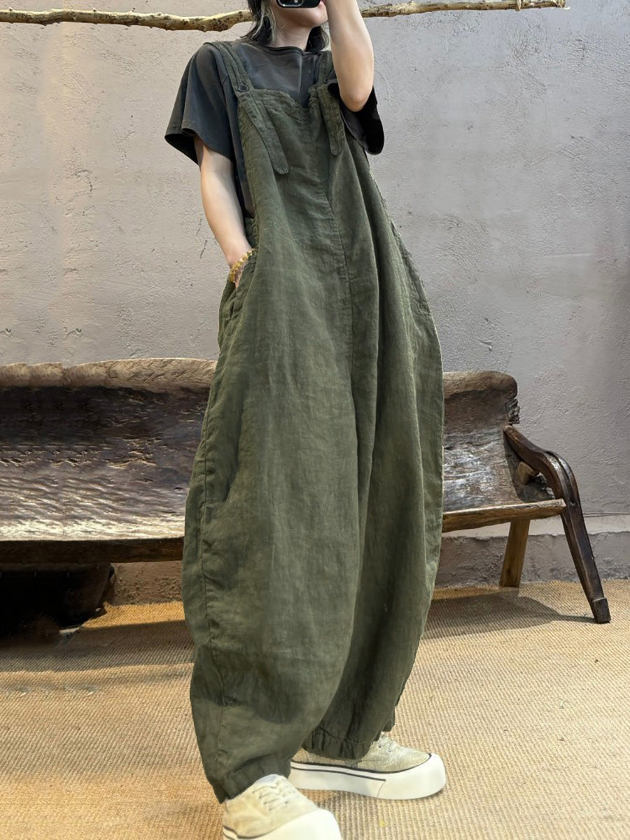 Plus Size Women Summer Retro Pure Color Linen Loose Jumpsuits