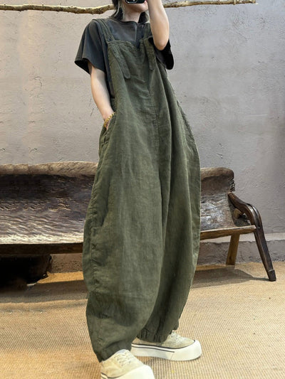 Plus Size Women Summer Retro Pure Color Linen Loose Jumpsuits