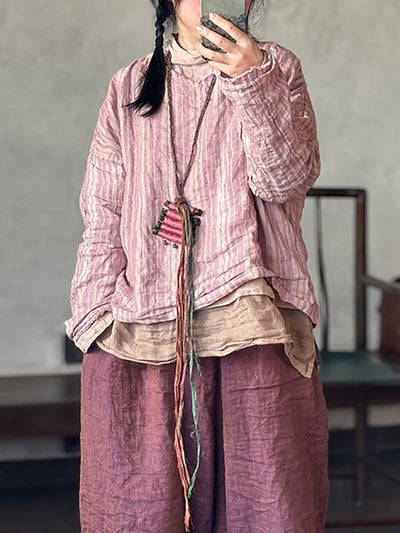 Plus Size Women Summer Retro Stripe V-Neck Linen Shirt