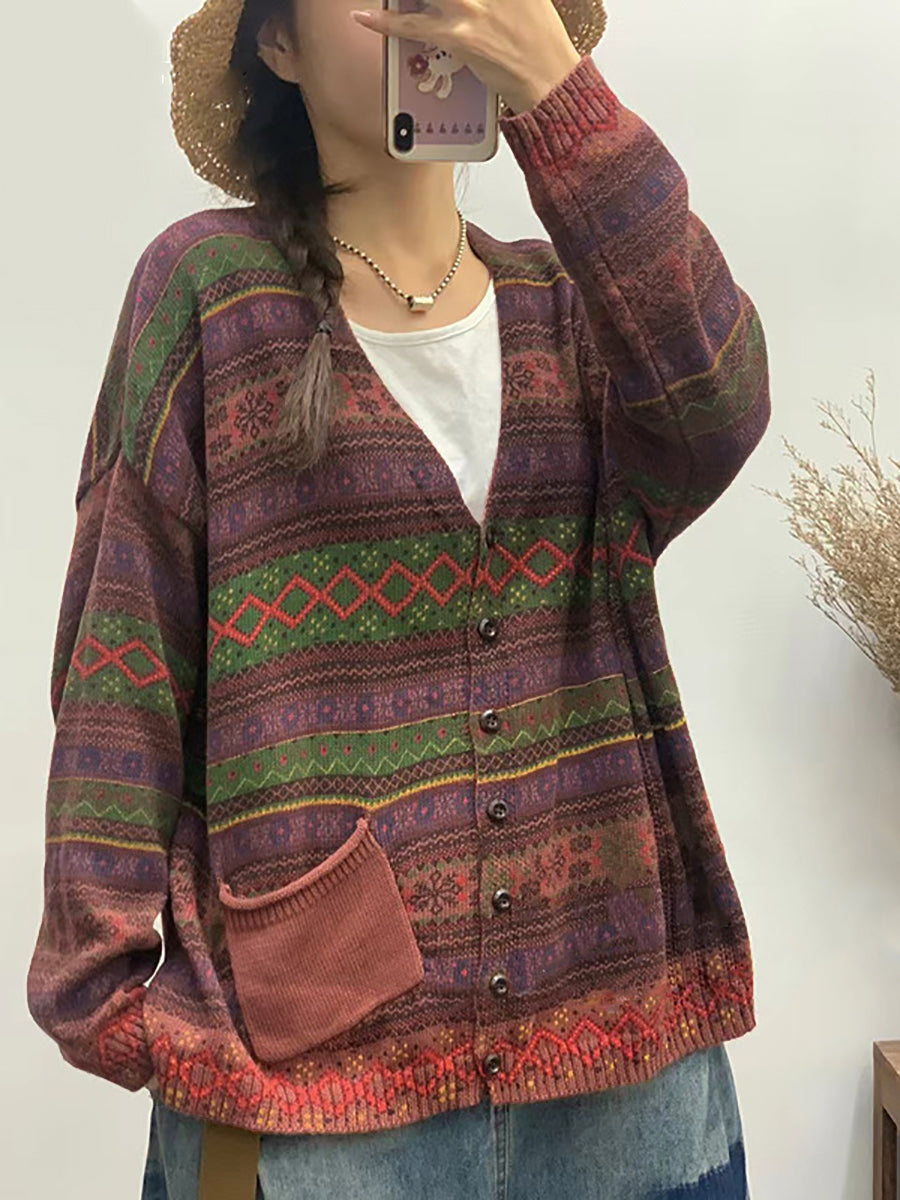 Women Autumn Geometric Knitted V-neck Sweater