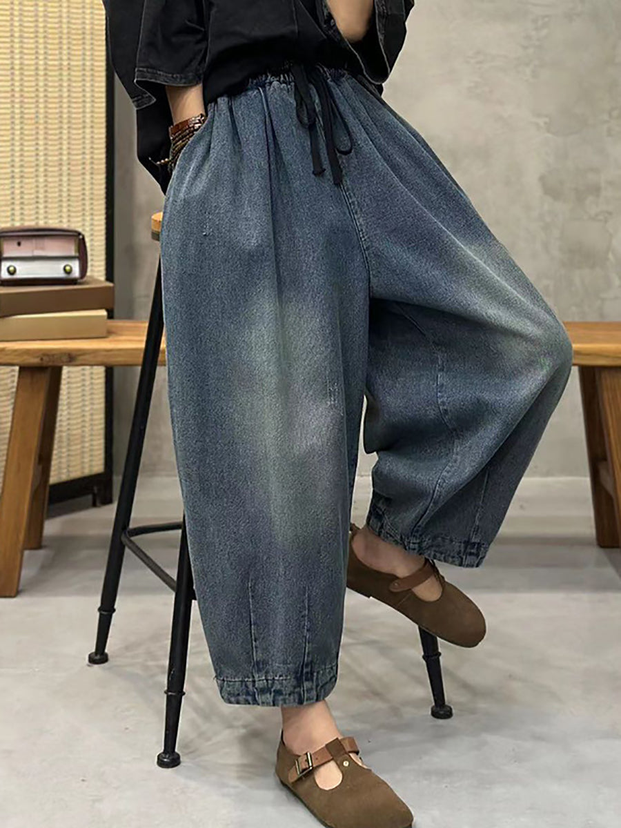 Plus Size Women Spring Retro Washed Denim Harem Pants