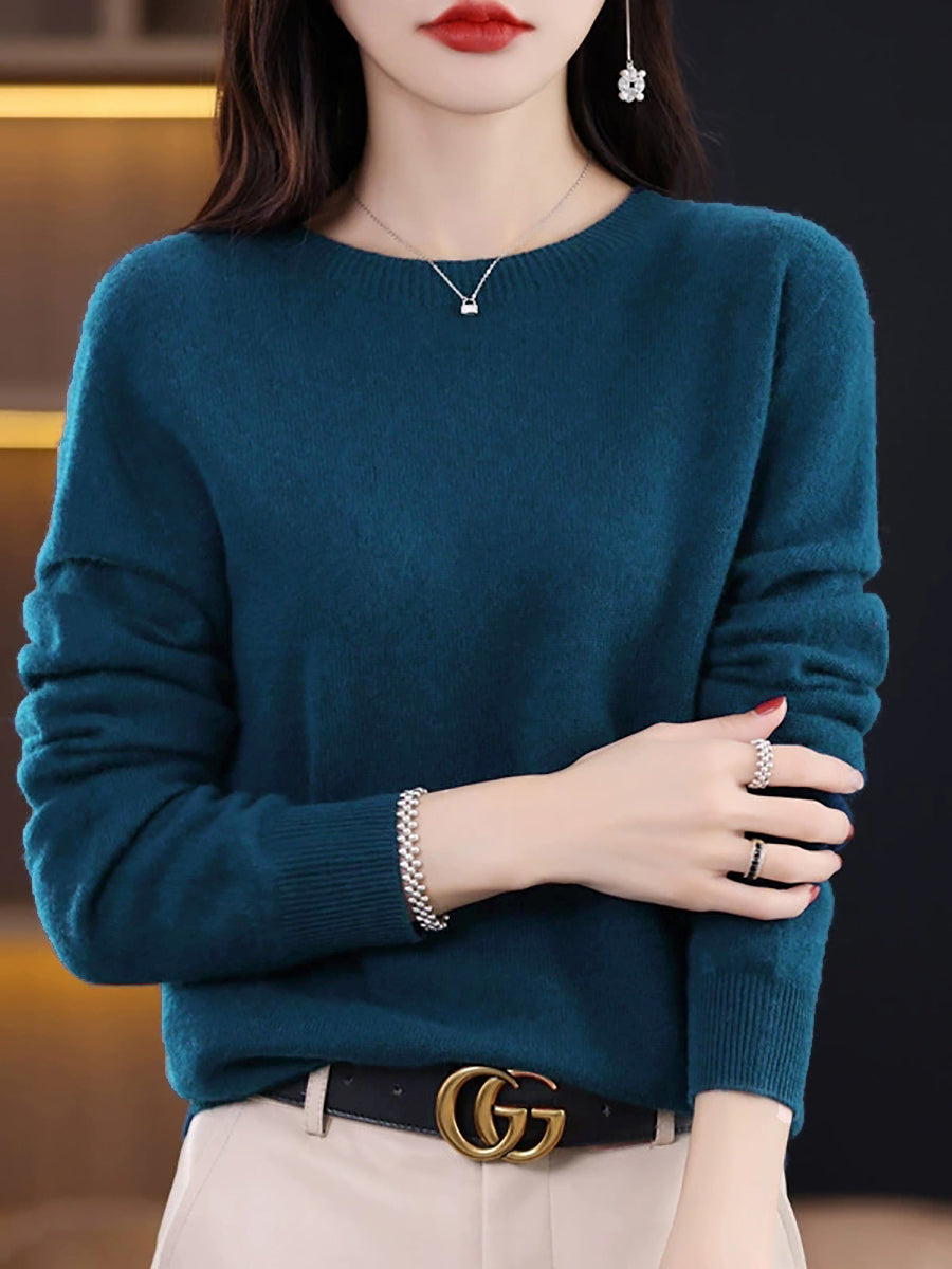 Women Autumn Casual Knitted Wool O-Neck Sweater