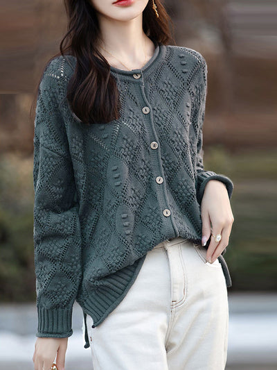 Women Autumn Artsy Knitted O-Neck Cardigan Sweater