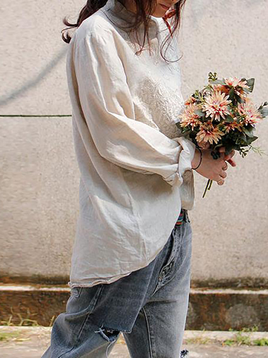 Plus Size - Women Retro Embroidered  Loose 100% Linen Shirt