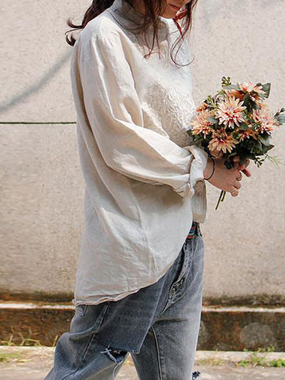 Plus Size - Women Retro Embroidered  Loose 100% Linen Shirt