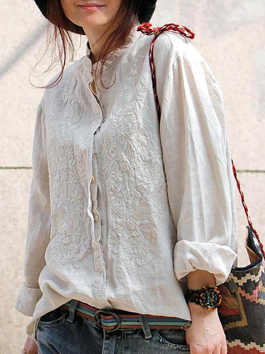 Plus Size - Women Retro Embroidered  Loose 100% Linen Shirt