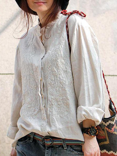 Plus Size - Women Retro Embroidered  Loose 100% Linen Shirt
