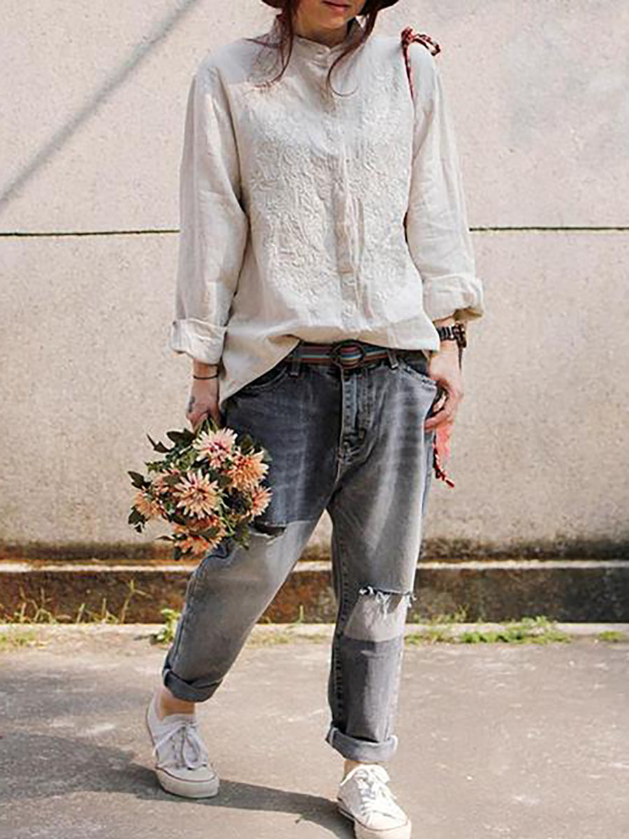 Plus Size - Women Retro Embroidered  Loose 100% Linen Shirt