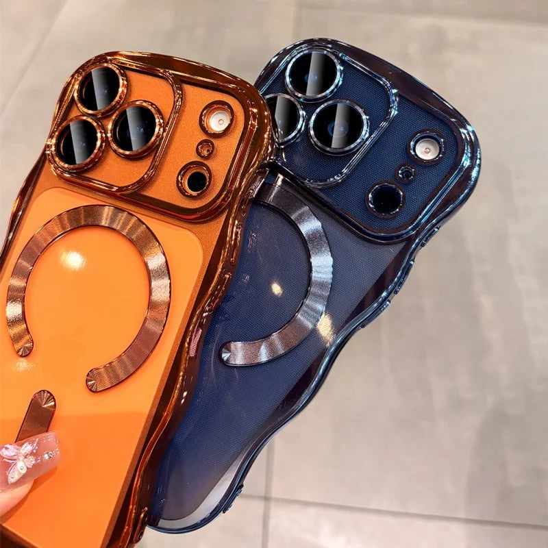 Plating Curly Wavy Transparent Magnetic Case For iPhone 17 16 14 15 13 Pro Max For Magsafe Charging Silicone Soft Bumper Cover