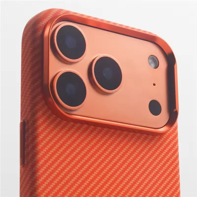 Orange Carbon Fiber Texture Alloy Lens Strong for Magsafe Phone Case for IPhone 17 Pro Max Magnetic Shockproof Hard PC Cover