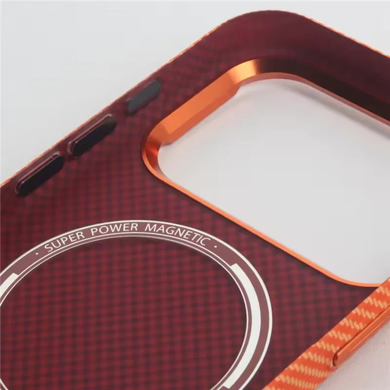 Orange Carbon Fiber Texture Alloy Lens Strong for Magsafe Phone Case for IPhone 17 Pro Max Magnetic Shockproof Hard PC Cover