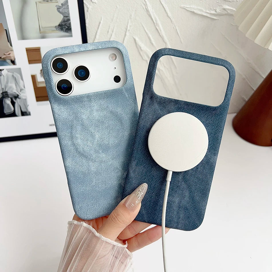 Washed Denim Jeans Magnetic For Magsafe Case For iPhone 17 Air 16 15 13 14 12 Pro Max Plus Shockproof Borderless Cooling Cover