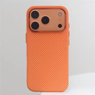 Orange Carbon Fiber Texture Alloy Lens Strong for Magsafe Phone Case for IPhone 17 Pro Max Magnetic Shockproof Hard PC Cover