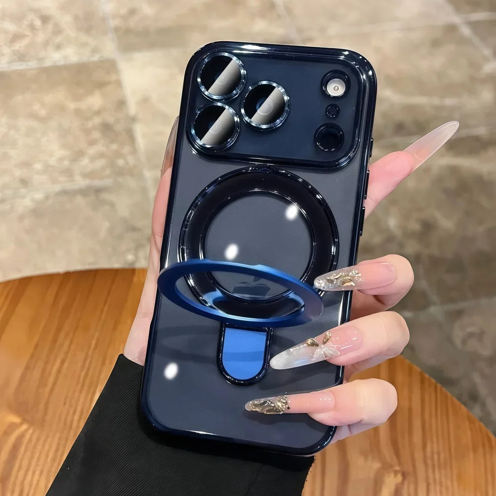 Bracket For Magsafe Phone Case For iPhone 17 16 15 14 13 Pro Max Magnetic Wireless Charging Soft Transparent Shockproof Cover