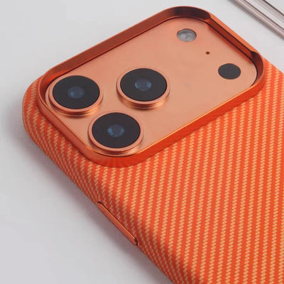 Orange Carbon Fiber Texture Alloy Lens Strong for Magsafe Phone Case for IPhone 17 Pro Max Magnetic Shockproof Hard PC Cover