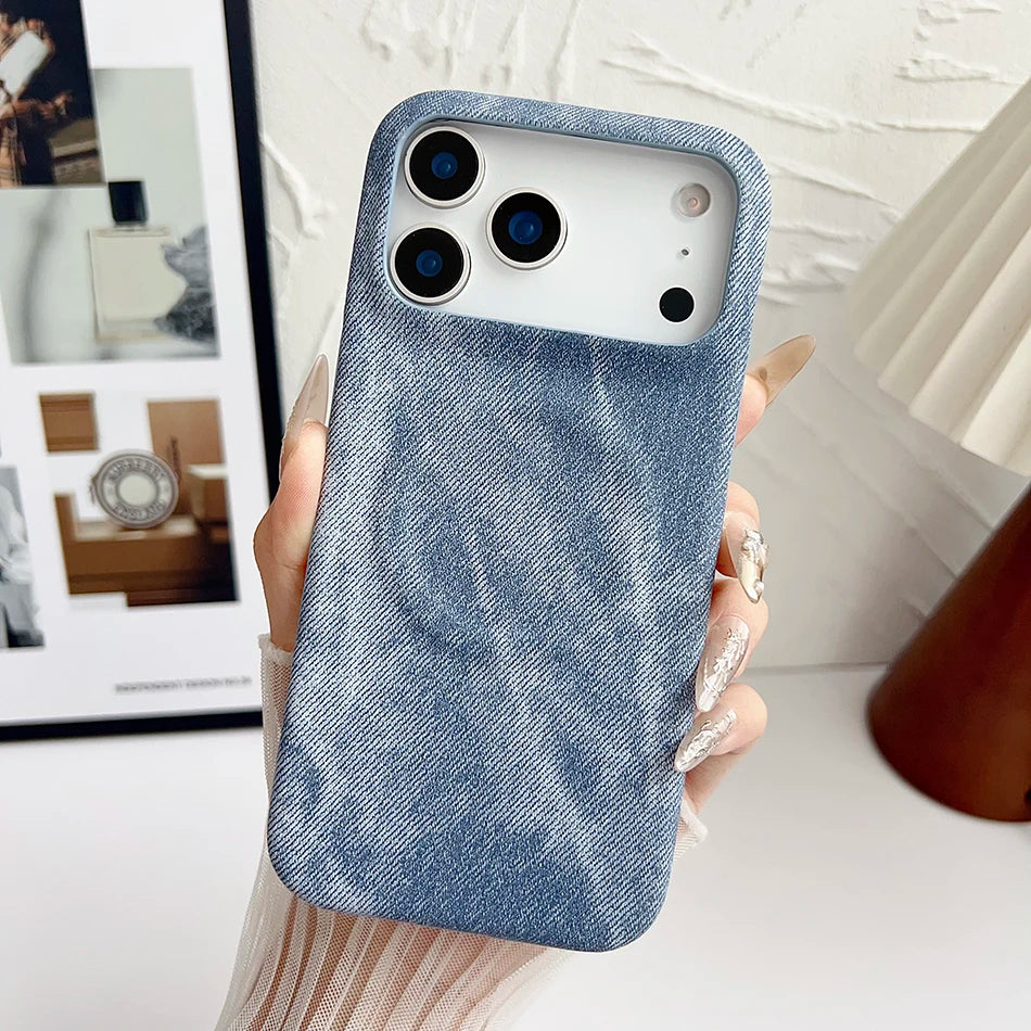 Washed Denim Jeans Magnetic For Magsafe Case For iPhone 17 Air 16 15 13 14 12 Pro Max Plus Shockproof Borderless Cooling Cover