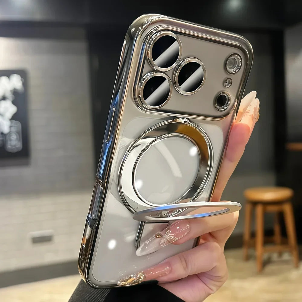 Bracket For Magsafe Phone Case For iPhone 17 16 15 14 13 Pro Max Magnetic Wireless Charging Soft Transparent Shockproof Cover