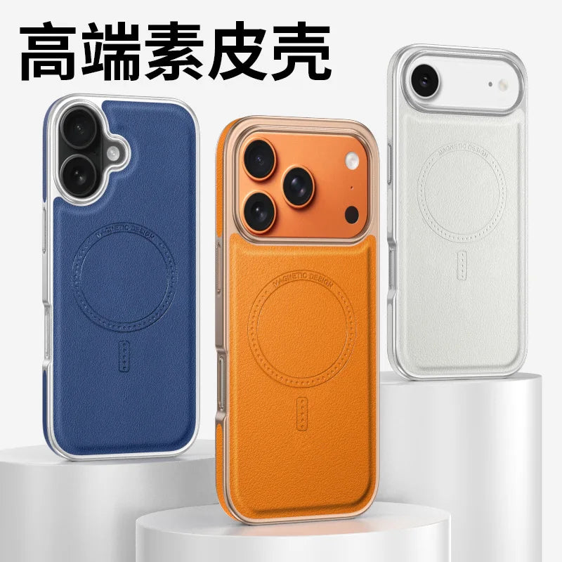 Luxury Business Electroplated Leather For Magsafe For iPhone 17 16 15 14 Pro Max Side Texture Magnetic Wireless Charging Cover