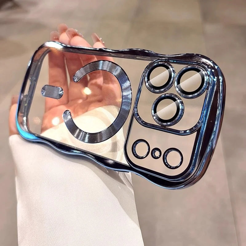 Plating Curly Wavy Transparent Magnetic Case For iPhone 17 16 14 15 13 Pro Max For Magsafe Charging Silicone Soft Bumper Cover