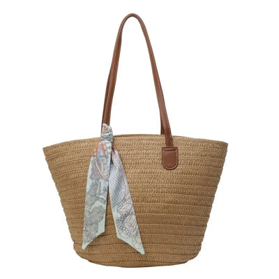Large Capacity Straw Woven Bucket Tote Bag Commute Casual Beach Vacation Small Niche Design Polyester Lining Neutral Minimalist