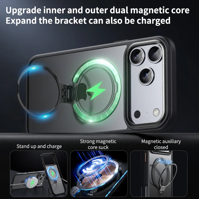 Matte Double For Magsafe 360 Ring Bracket Case For iPhone 17 16 15 14 Plus 13 12 Pro Max Alloy Strength Rotation Stand Cover