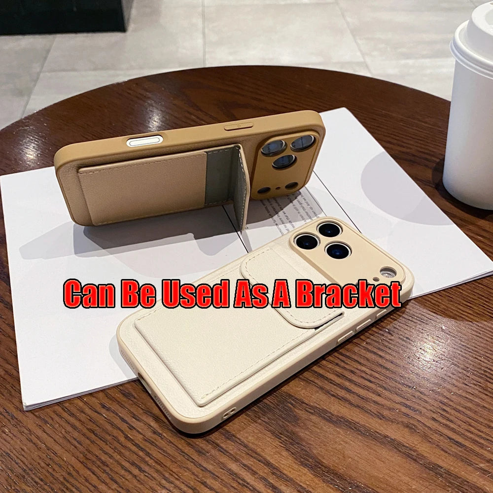 Card Slot Wallet PU Leather Bracket Case For iPhone 17 ProMax 17air 14 15 16 Plus 17 11 12 13 Pro Max Business Photo Clip Cover