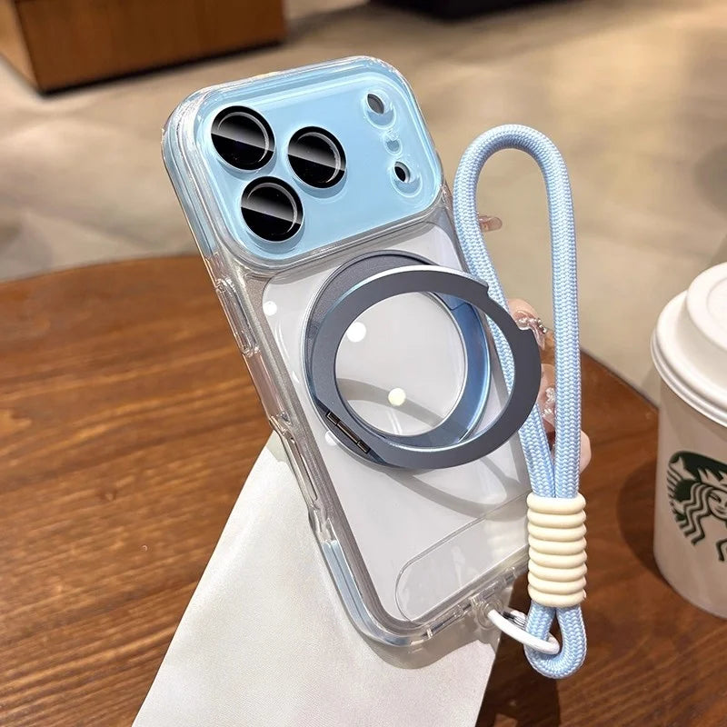 Rotating Magnetic Stand For Magsafe Clear Case For iPhone 17 16 15 14 13 Pro Max Air Wrist Strap Lanyard Wireless Charger Cover