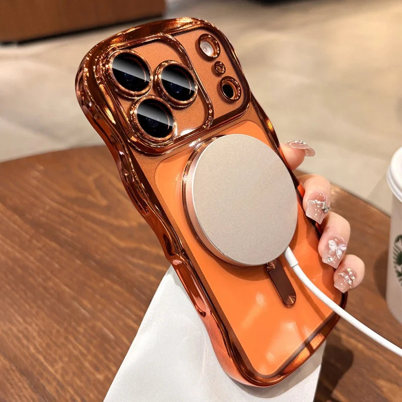 Plating Curly Wavy Transparent Magnetic Case For iPhone 17 16 14 15 13 Pro Max For Magsafe Charging Silicone Soft Bumper Cover