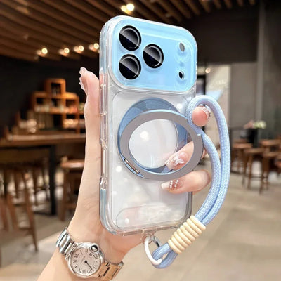 Rotating Magnetic Stand For Magsafe Clear Case For iPhone 17 16 15 14 13 Pro Max Air Wrist Strap Lanyard Wireless Charger Cover