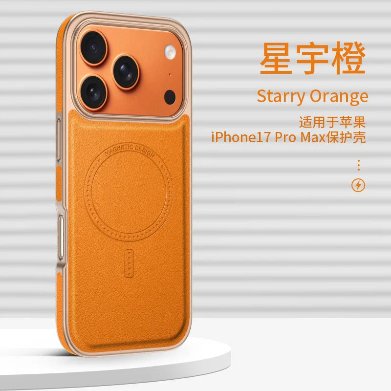 Luxury Business Electroplated Leather For Magsafe For iPhone 17 16 15 14 Pro Max Side Texture Magnetic Wireless Charging Cover