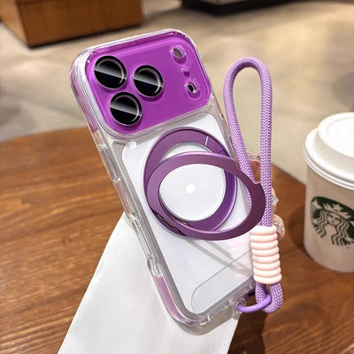 Rotating Magnetic Stand For Magsafe Clear Case For iPhone 17 16 15 14 13 Pro Max Air Wrist Strap Lanyard Wireless Charger Cover