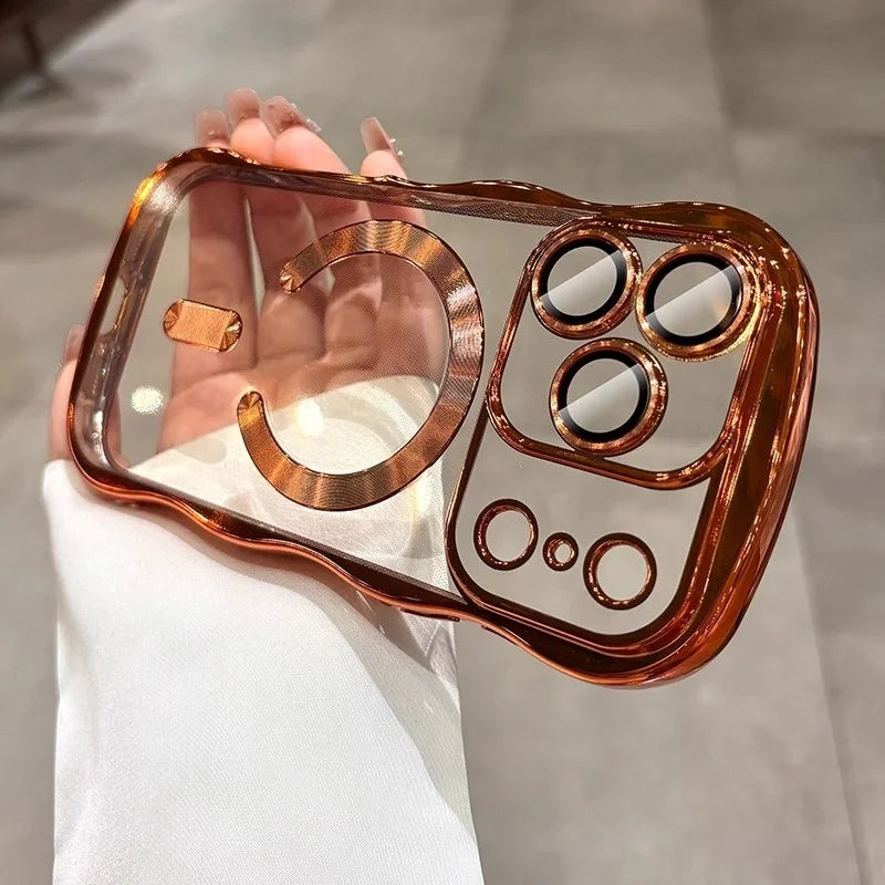 Plating Curly Wavy Transparent Magnetic Case For iPhone 17 16 14 15 13 Pro Max For Magsafe Charging Silicone Soft Bumper Cover