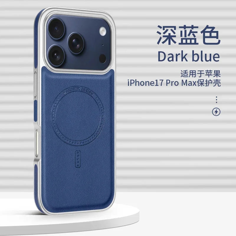 Luxury Business Electroplated Leather For Magsafe For iPhone 17 16 15 14 Pro Max Side Texture Magnetic Wireless Charging Cover