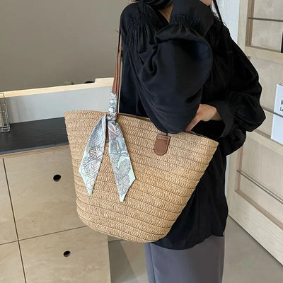 Large Capacity Straw Woven Bucket Tote Bag Commute Casual Beach Vacation Small Niche Design Polyester Lining Neutral Minimalist